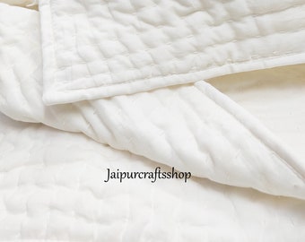 Indian White Cotton Kantha Quilt, Reversible Floral Throw, Handmade Bedspread