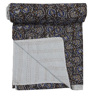 Home Decor Kantha Quilt Hand Block Printed Kantha Indian Handmade Pure Cotton Floral Pattern Kantha bedspread, Kantha Throw, Blanket