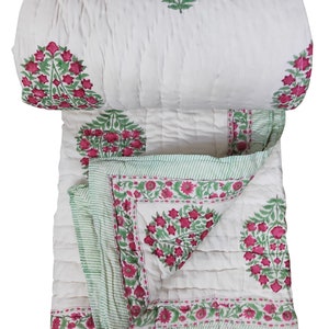 Indian Hand Block Print Cotton Quilts Kantha Edredón Indian Block Print Quilt Hecho a mano Reversible Jaipuri Razai, Quilt Blanket