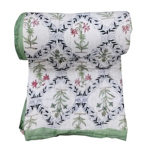 Indian Hand Block Print Cotton Quilts Kantha Floral Quilt, Indian Handmade Reversible Jaipuri Razai,Quilt Blanket Throw