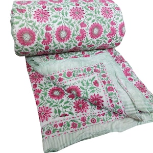 Floral Indian Hand Block Print Cotton Quilts Kantha Floral Quilt, Indian Handmade Reversible Jaipuri Razai,Quilt Blanket