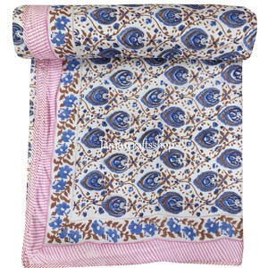 Indian Soft Light Weight Dohar, Ac Comforter Indian Bed Cover Hand Block Printed Bedspread With Pink Border Design Quilt
