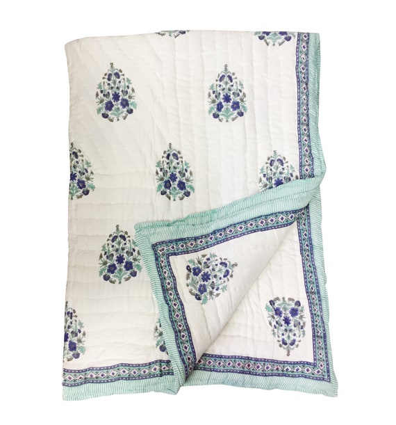 Indian Hand Block Print Cotton Quilts Kantha Floral Quilt Etsy