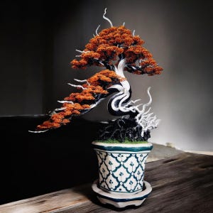 Custom Japanese-Style | Bonsai Wire Art | Autumn Orange Leaves | Black Copper Trunk | Handmade Gift for All Occasions | Wire tree sculpture