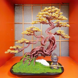 Unique Japanese Bonsai | Wire Art | Beautiful Vine Shape | Gold Leaves and Copper Trunk | Handcrafted in 100 Hours | Bonsai sculpture