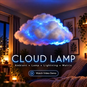May include: A fluffy cloud lamp emitting a vibrant blue and white glow, suspended in a room. The text reads CLOUD LAMP, Ambient, Lamp, Lightning, Matrix, and Watch Video Demo, featuring a play button icon for the video demonstration.