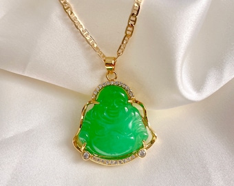 Collana di Buddha JADE riempita in oro 14 carati / Zirconia cubica / Buddha