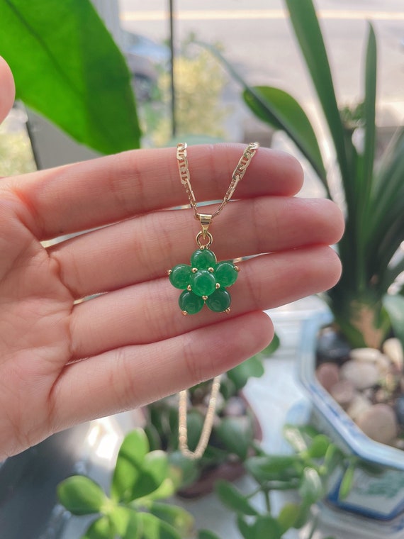14K Gold Jade Leaf Pearl Flower Charm Pendant Necklace – Boylerpf