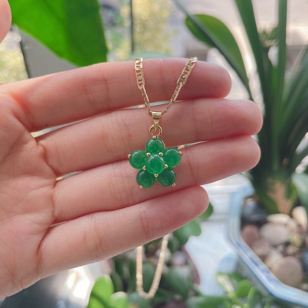 14K Gold Filled Mini JADE Flower Pendant Necklace/ Flower/ Jade/ Necklace/ Lucky Charm/ 14k gold filled