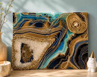 Blue Geode Resin Wall Art | Quartz Crystal Wall Sculpture | Large Abstract Coastal Wall Decor | Luxury Home Decor