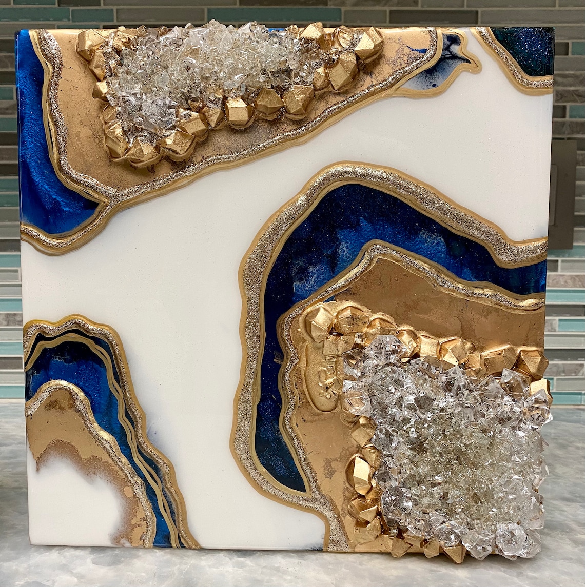 Blue White & Gold Geode Art Geode Painting Resin Geode Art Etsy