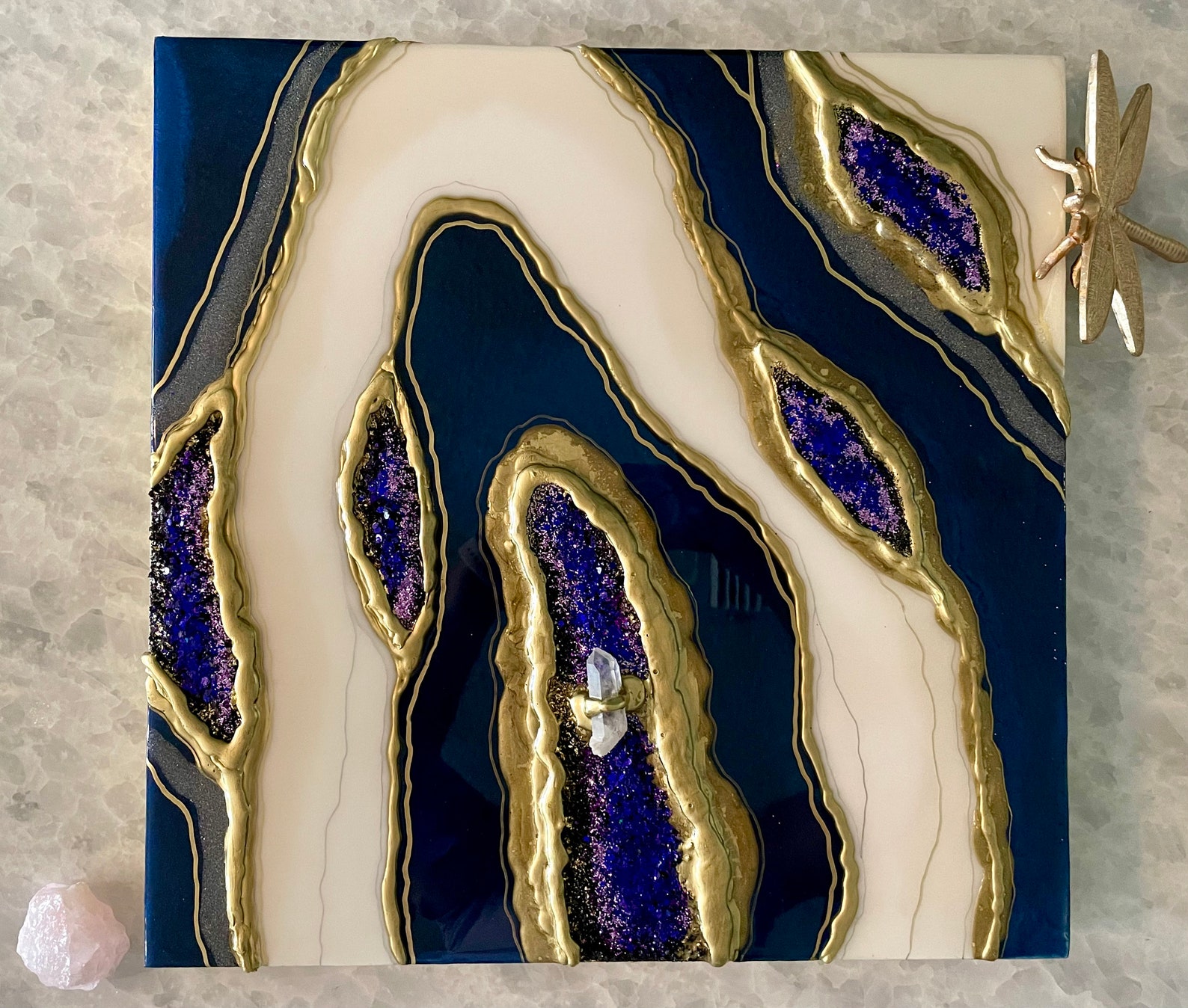 Blue, White & Gold Geode Art II, Geode Painting, Resin Geode Art With ...