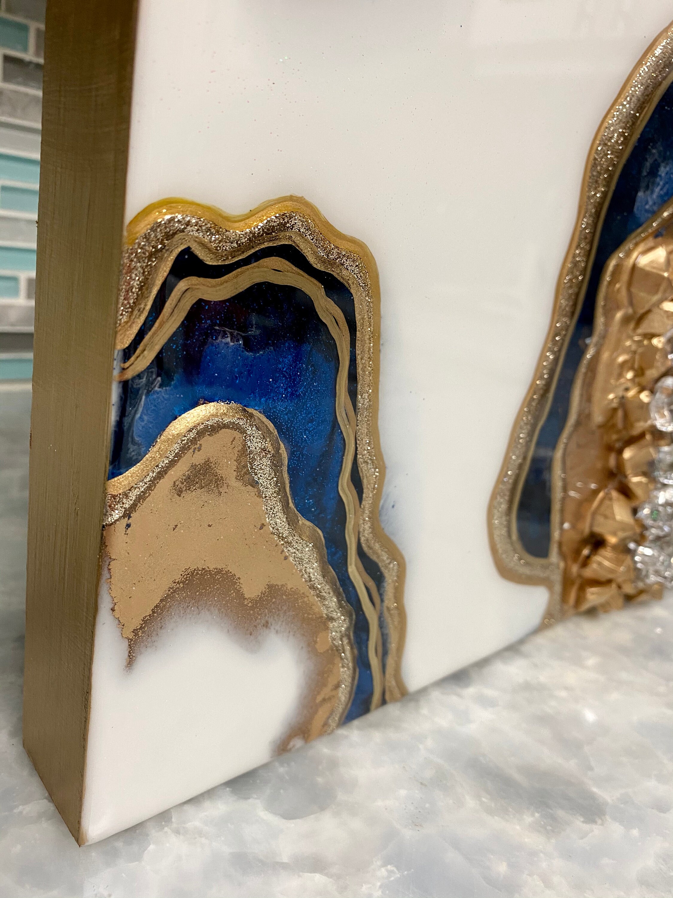 Blue White & Gold Geode Art Geode Painting Resin Geode Art - Etsy