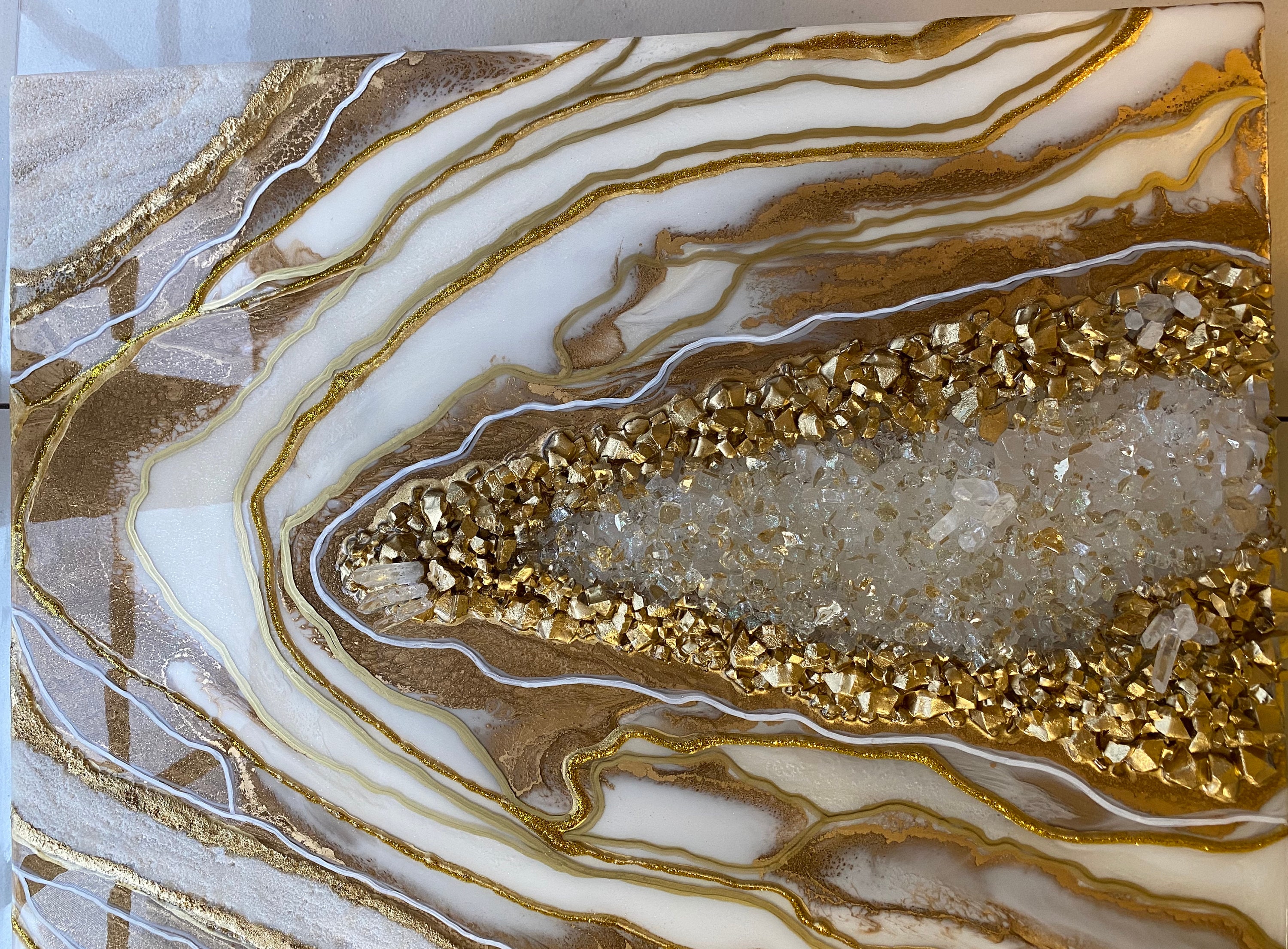 Large White & Gold Geode Art, Geode Painting, Resin Geode Art With ...
