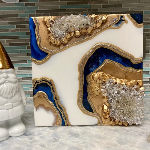 Blue White & Gold Geode Art Geode Painting Resin Geode Art - Etsy