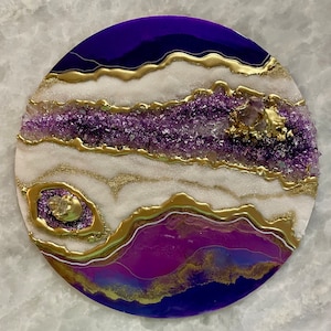 Purple, white and gold round geode art with amethyst and clear quartz