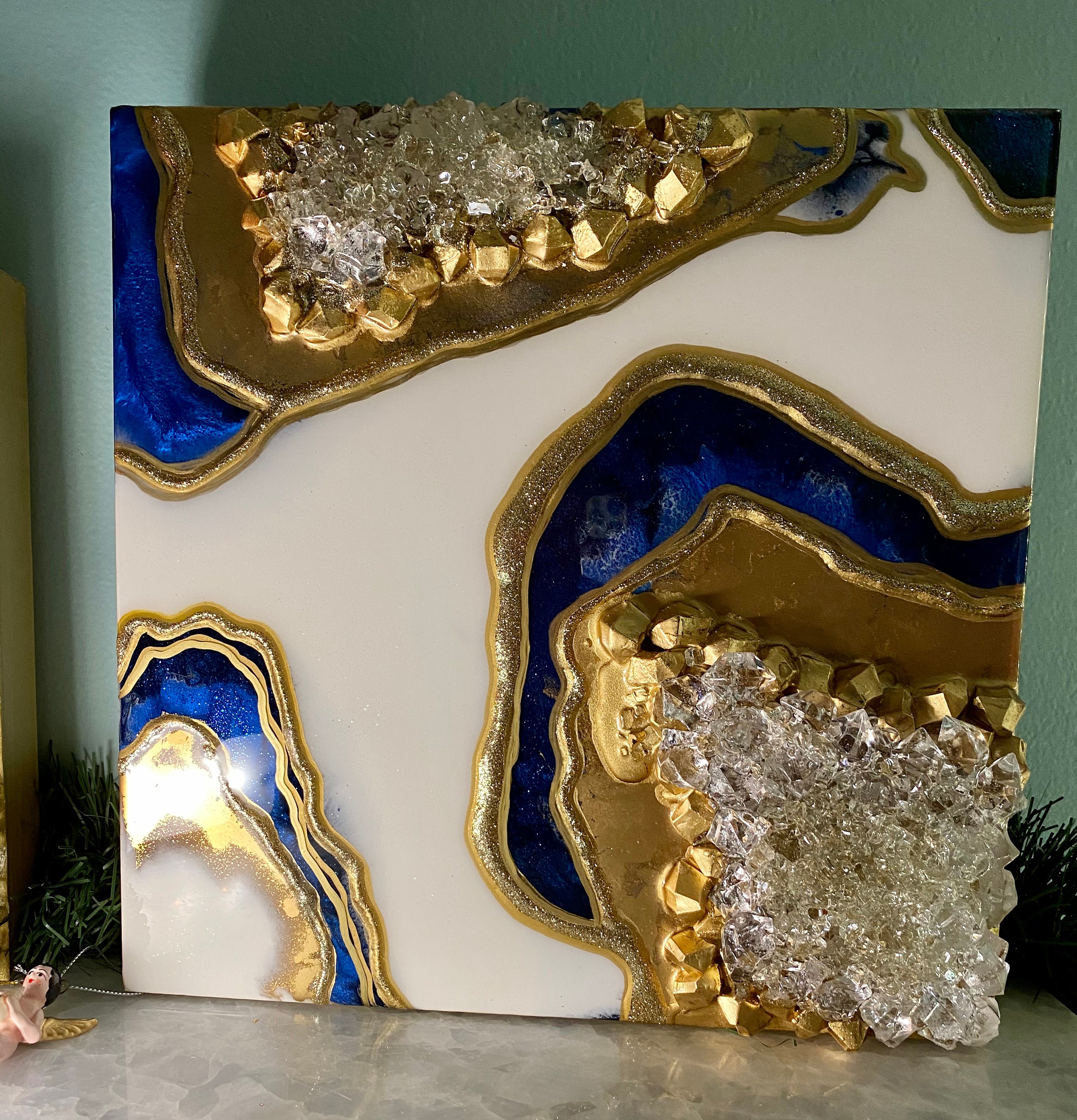 Blue White & Gold Geode Art Geode Painting Resin Geode Art | Etsy
