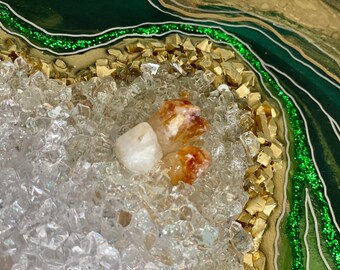Green & Gold Geode Art, Geode Painting, Resin Geode Art With