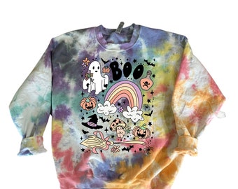 Cute ghost, boo, retro Halloween tie dye shirt/crewneck . Spooky season. Vintage Halloween.
