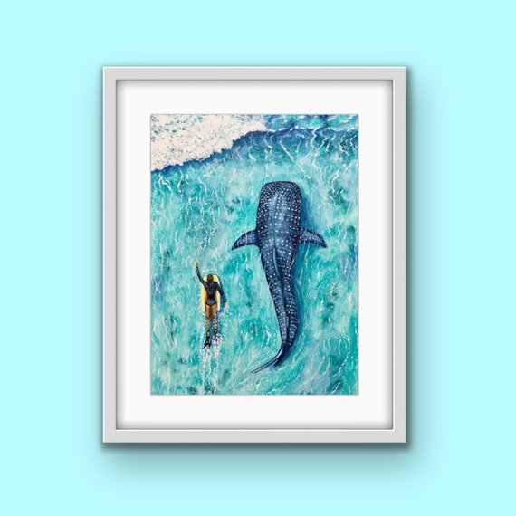 Sharing the Surf, Whale Shark, Limited Edition Giclée Print, Surf Print, Ocean Print, Beach Print, Bodyboard Print, Surf Gift