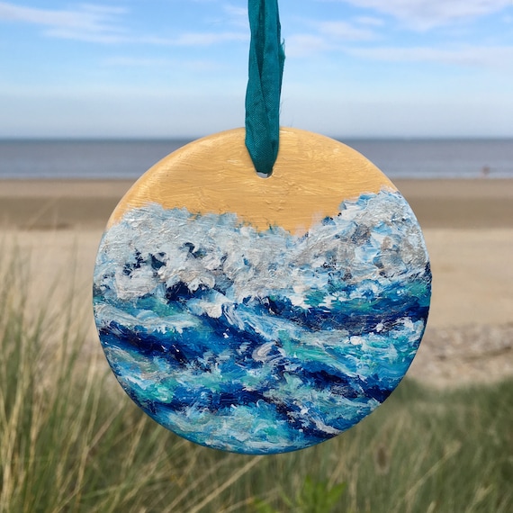 Hand Painted shoreline Ceramic Bauble Beach Bauble Surf Bauble