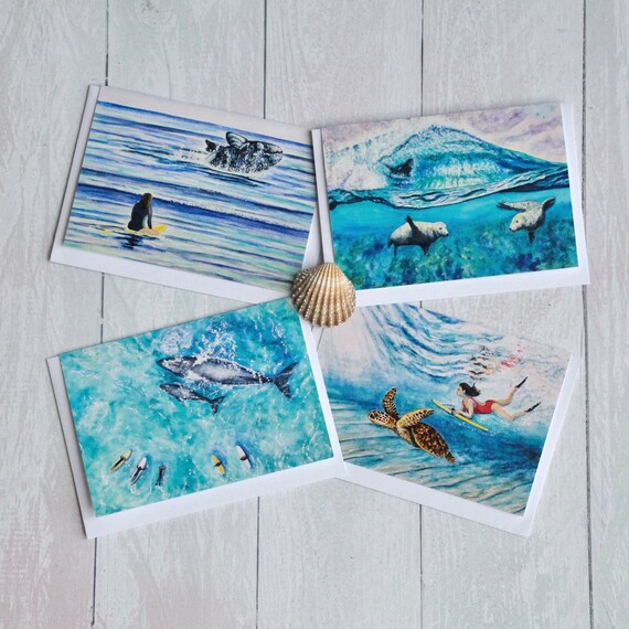 Pack of 4 Art Greetings Cards of the 'Sharing the Surf' series - Surf cards, Beach Cards, Surfing Cards, Birthday Cards, Surf Gift