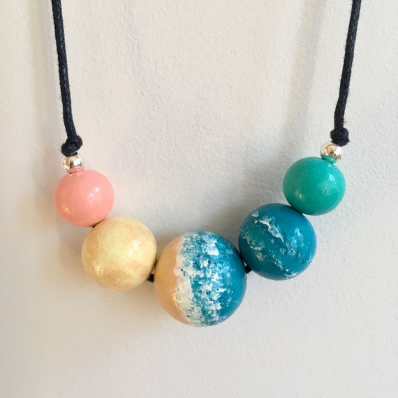 Ocean Necklace - Wooden Statement Necklace, Hand Painted Beads, Surf Jewellery, Coastal Gift