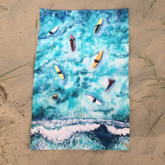 Surfers Tea Towel - Coastal Decor, Ocean Textiles, Sea Theme Homeware, Surf Gift, Organic Cotton