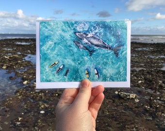 Sharing the Surf, Humpback Whales - Art Greetings Card, Beach card, Surf card, Surfing Birthday card