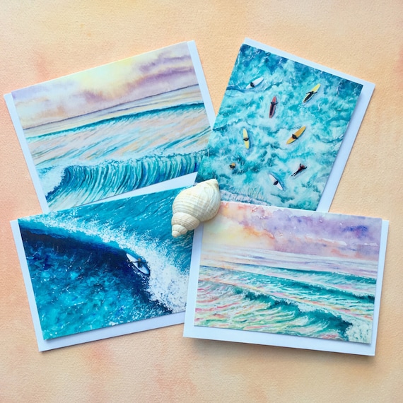 Pack of 4 Art Greetings Cards of the 'Wave of 2020' series - Surf cards, Beach Cards, Surfing Cards, Birthday Cards, Surf Gift