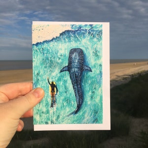 Sharing the Surf, walvishaai - kunstwenskaart, strandkaart, surfkaart, surfverjaardagskaart, bodyboardkaart, surfcadeau