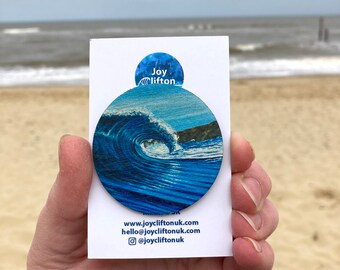 Morning Glass Pin Badge, broche, surfcadeau, strandcadeau, golfcadeau, duurzame houten broche