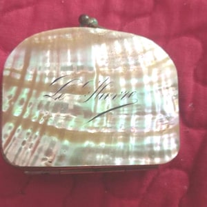 Old carved mother-of-pearl purse, 19th century. Vintage shabby souvenir