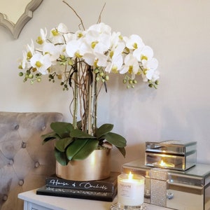 Azalea large white faux orchid with willow in gold flat glass vase