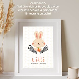 Póster de huellas "Conejo" en DIN A4 para nacimiento o bautizo, se puede personalizar con el nombre, la fecha y el peso de tu bebé