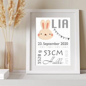Stampa diversi animali del bosco per nascita, nome personalizzabile, data, segno zodiacale, taglia, peso, ora, luogo di nascita e animale desiderato