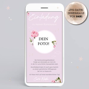 Invitation/e-carte numérique pour communion, baptême ou confirmation "pivoines avec photo" à envoyer via WhatsApp ou email