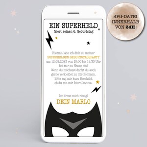Convite/e-card digital de aniversário infantil “festa de super-heróis” para enviar via WhatsApp ou e-mail