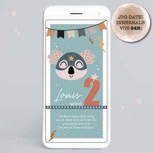 Invitación/e-card digital cumpleaños infantil "Superhéroe Koala" para enviar por WhatsApp o email