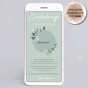 Convite digital/e-card para comunhão, batismo ou confirmação "Eucalipto com foto" para enviar via WhatsApp ou e-mail