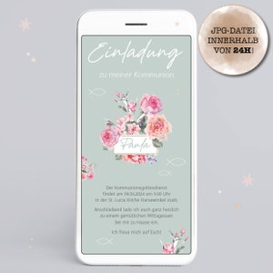 Invitation/e-carte numérique pour communion, baptême ou confirmation "cadre fleuri" à envoyer via WhatApp ou email