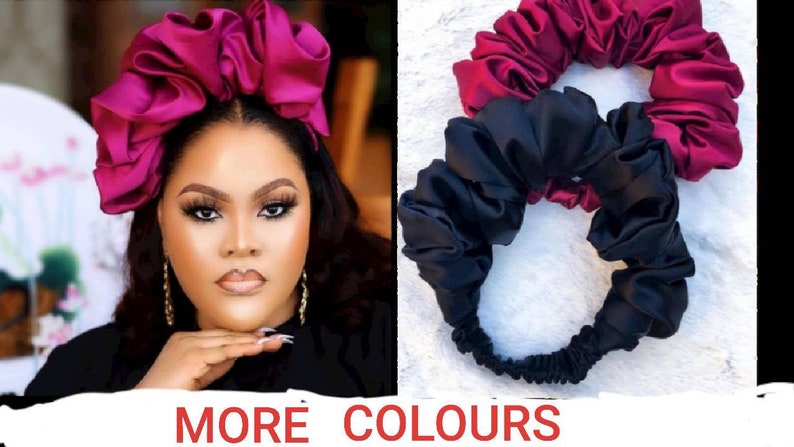 May include: Two satin headbands, one in a deep burgundy color and the other in black. Both headbands are made of soft, gathered fabric and are designed to be worn around the head.