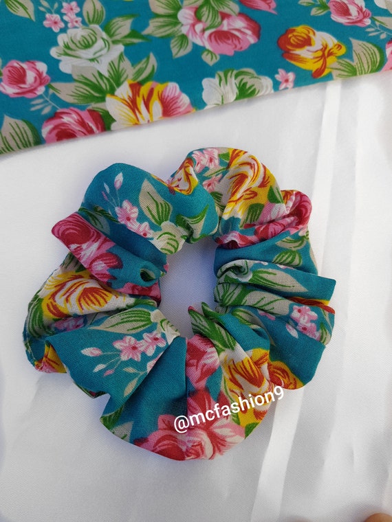 Green Floral Women Hair scrunchie.Tropical Roses Vintage Flower scrunchies. Spring Ponytail hair tie. Floral Scrunchies Summer collection.