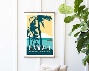 May include: A vintage-style poster with a teal and yellow color scheme depicting palm trees and a beach scene. The poster reads "Hawaii, The Mysterious Enchanted Islands".