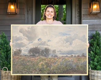 Framed Wildflower Field Canvas Art Print: Vintage Watercolor Painting | F401