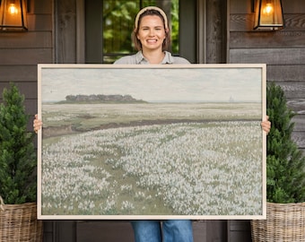 Framed Vintage Flower Field Canvas Print: Large Landscape Wall Art | F178