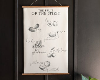 Puede incluir: Una impresión en lienzo blanco con el texto "The Fruit of the Spirit" y una lista de frutas con sus virtudes correspondientes: amor, alegría, paz, paciencia, bondad, amabilidad, fidelidad, gentileza y autocontrol.