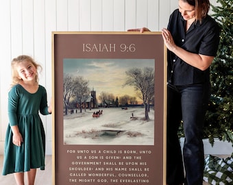 Vintage Christmas Scene Art Print | Isaiah 9:6 Bible Verse Canvas Born | F625