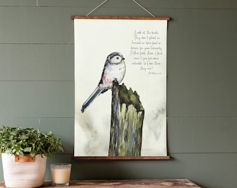 Watercolor Bird Canvas Sign: Matthew 6 Bible Verse Hanging Frame | 268