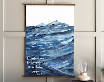 Mightier Than The Waves Of The Sea Hanging Canvas | Beach Sign | Watercolor Wall Art | Psalm 93 Sign | Scripture Sign | Hanging Frames | 264